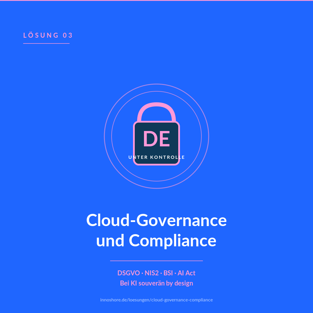 InnoShore Cloud-Governance und Compliance für den DACH-Mittelstand — DSGVO, NIS2, BSI-Grundschutz, AI Act. Bei KI souverän by design.