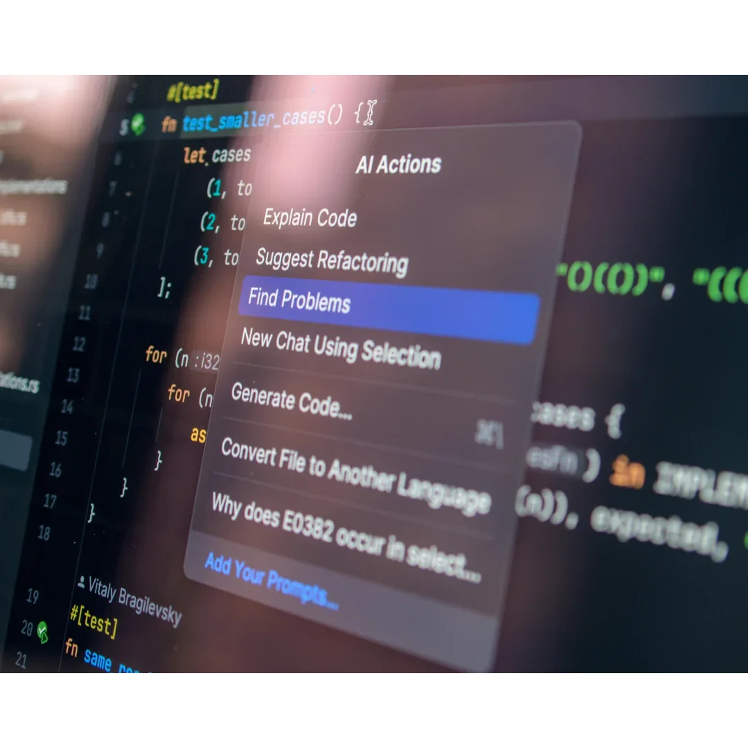 individuelle KI-Agenten von InnoShore Menü für Programmieraktionen mit Optionen wie „Code erklären“ und „Fehler beheben“.