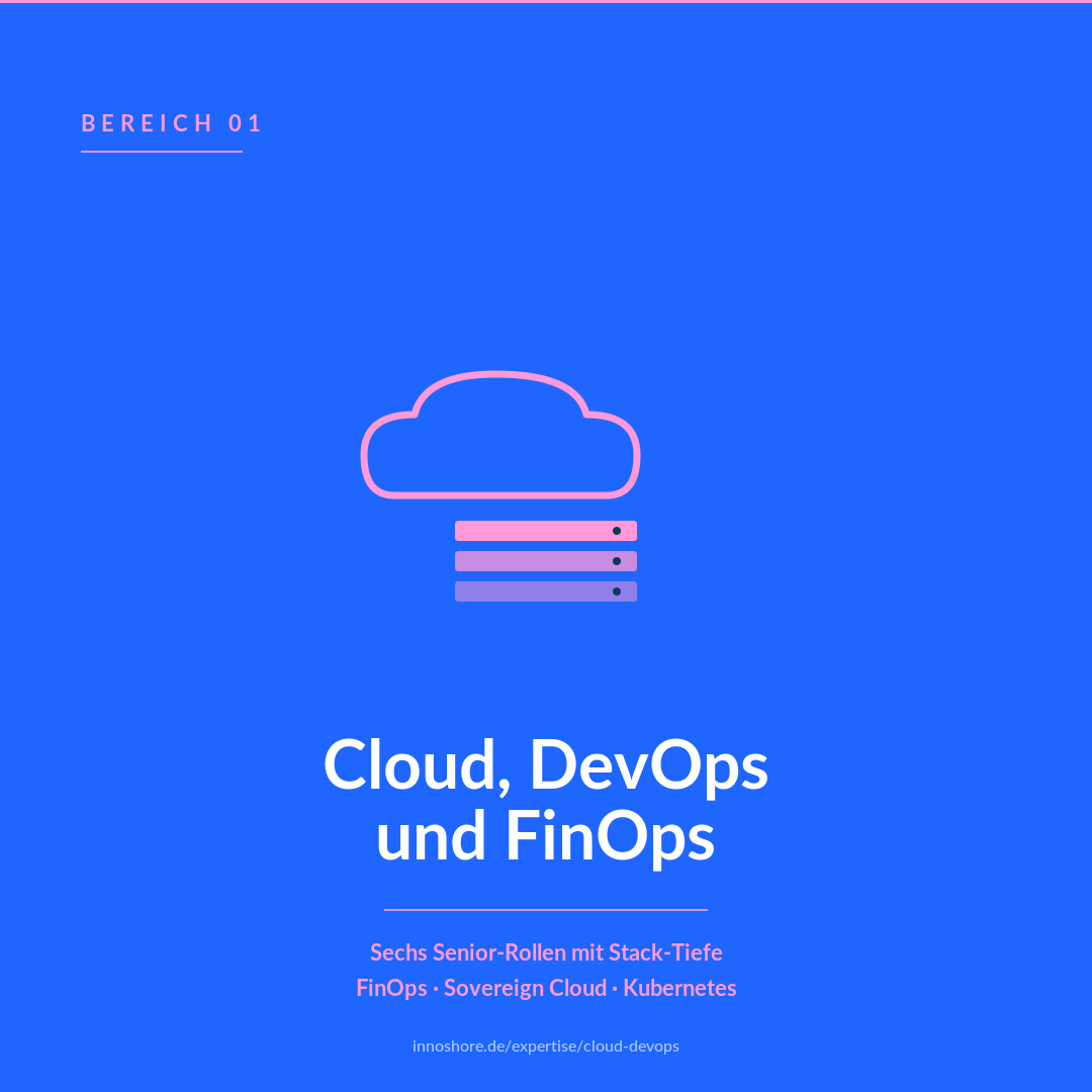 InnoShore Expertise Cloud, DevOps und FinOps für den DACH-Mittelstand — sechs Senior-Rollen mit FinOps, Sovereign Cloud und Kubernetes.